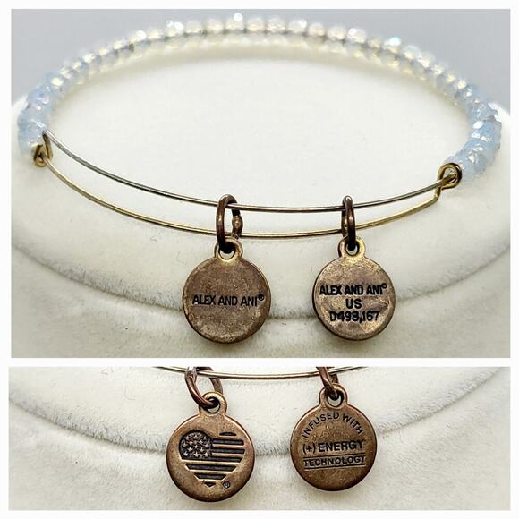 Alex and Ani American Flag Heart Charm Beaded Bangle Expandable Wire Bracelet - Picture 1 of 5
